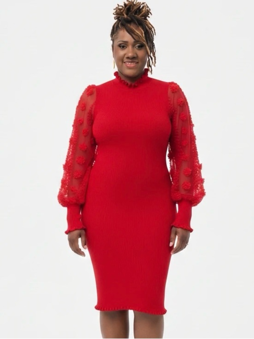 Almost Famous Red Sheer Puff-Sleeve Knit Midi Dress